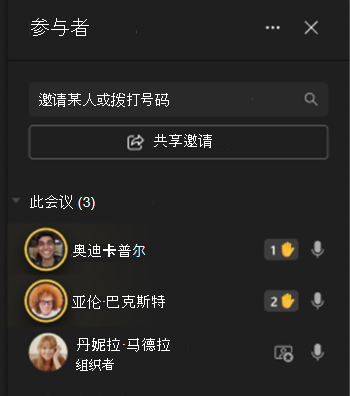 显示屏幕左侧有举手图标的参与者的图像。