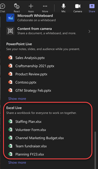 突出显示 Teams 会议中的 Excel 文件的共享选项的屏幕截图。