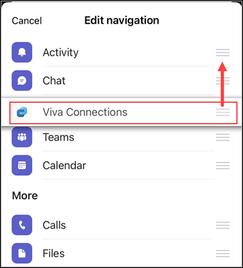 Screenshot showing the Viva Connections app being moved higher in the Teams menu.