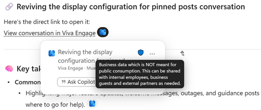Search results page with a Viva Engage post containing a sensitivity label badge. A tooltip appears on mouse hover displaying the sensitivity label details and description.