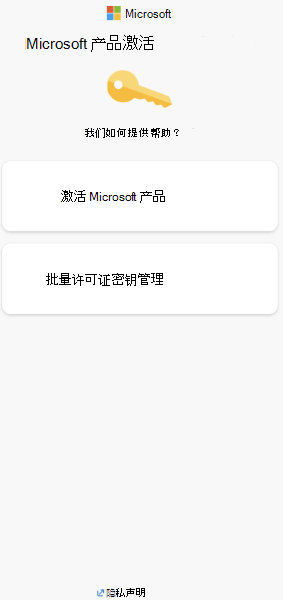 Microsoft 产品激活选项的屏幕截图。