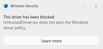 阻止驱动程序时显示的 Windows 安全中心对话框