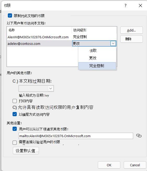 IRM 设置的“更多选项”对话框，其中显示了用于控制文件访问权限的其他选项。