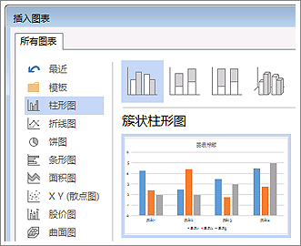 “插入图表”对话框显示可供选择的各种图表和预览