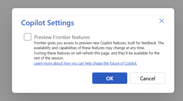 显示 Copilot Frontier 预览版选择加入对话框的屏幕截图