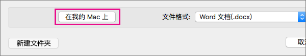 如果您想要将文件保存到您的计算机上，而不是 OneDrive 或 SharePoint 上，请单击“在我的 Mac 上”。
