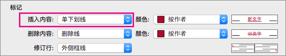 在“修订”框中，突出显示标记类型插入。