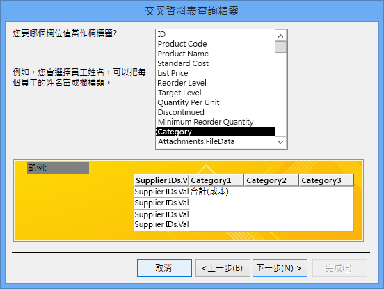 交叉資料表查詢精靈，已選取欄標題的 [類別]