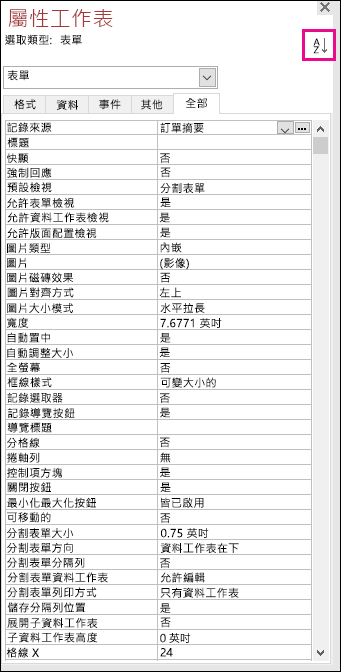 沒有屬性排序的 Access 屬性工作表螢幕擷取畫面
