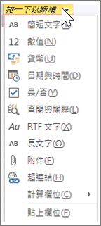 新增資料表欄，輸入 [查閱與關聯]