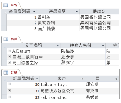 [產品]、[客戶] 與 [訂單] 資料表的片段