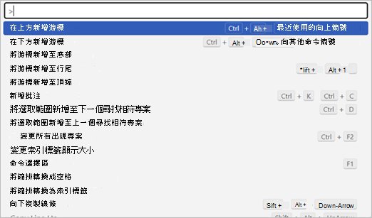 顯示摩納哥所有鍵盤快速鍵的螢幕擷取畫面
