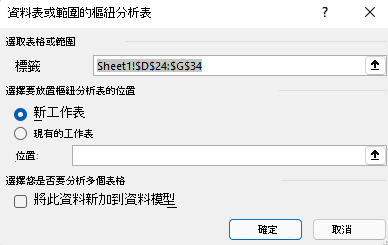 在 Excel for Windows 中建立樞紐分析表對話框，顯示所選儲存格範圍及預設選項。