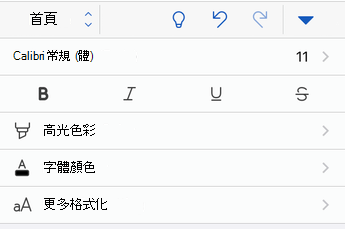 iOS 版 Word 中的字型格式選項。