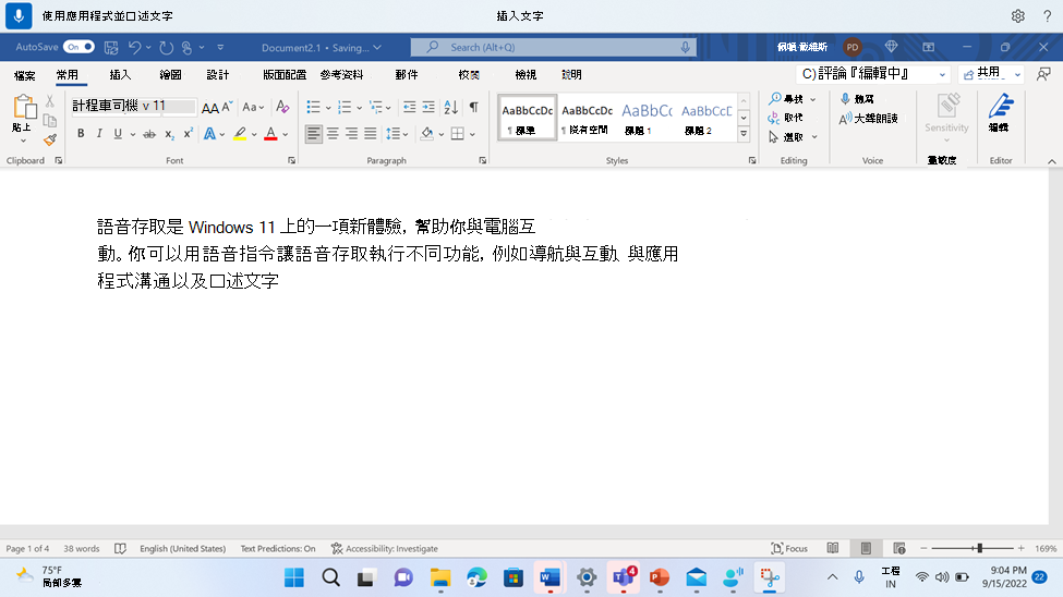 Word 文件顯示用於插入文字的語音存取指令。