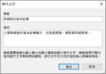 OneNote 中的替代文字方塊的螢幕擷取畫面，並且在 [標題] 和 [描述] 欄位中含有範例文字。