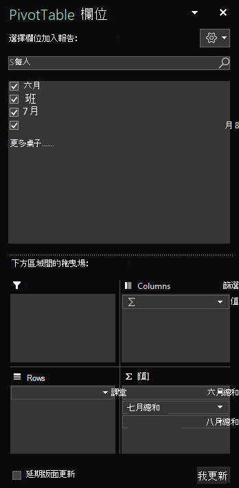 在 Windows 版 Excel 開啟的樞紐分析表欄位欄目，顯示已選取的資料表欄位。