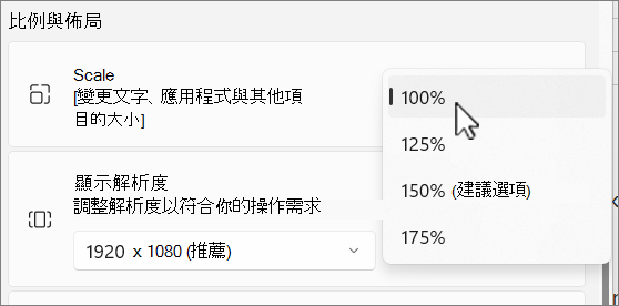 縮放與版面選項截圖。