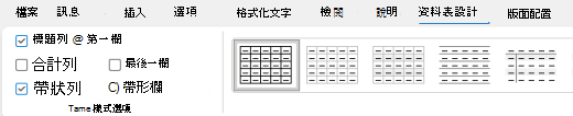 在 Outlook 功能區選擇表格標頭選項。