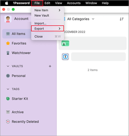 1Password 的 [檔案] 功能表。