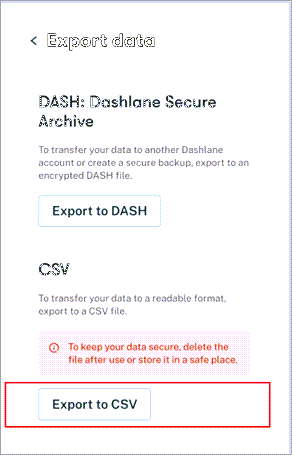 Dashlane 的匯出資料選單，底部附近的 [匯出至 CSV] 按鈕已醒目提示。