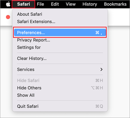Safari 中的 Safari 功能表，已選取「喜好設定」。