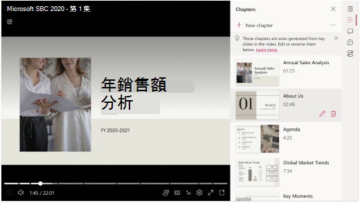 視訊正在瀏覽器中開啟。在影片右側，面板顯示從 PowerPoint 自動產生的章節清單。