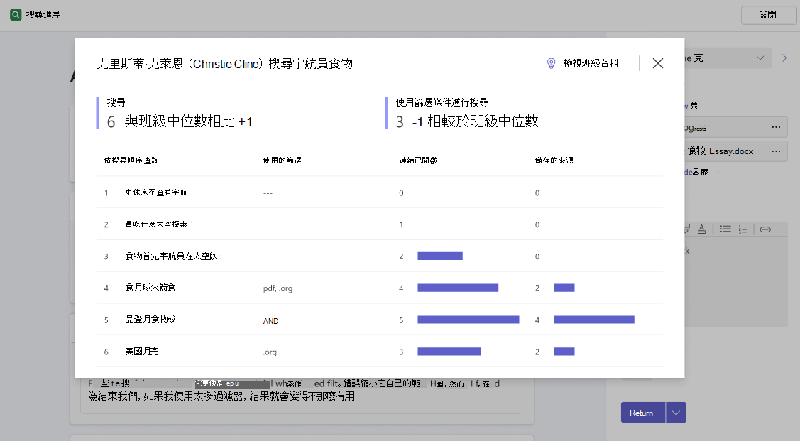 彈出視窗顯示學生所進行搜尋的更詳細概觀，以及這些搜尋次數和使用篩選器完成的搜尋次數與班級中位數的比較。