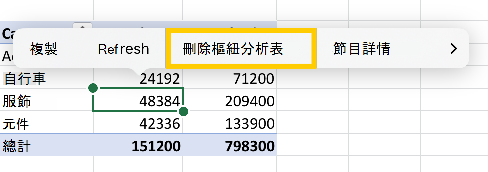 在 iPad 上操作功能表刪除樞紐分析表選項。