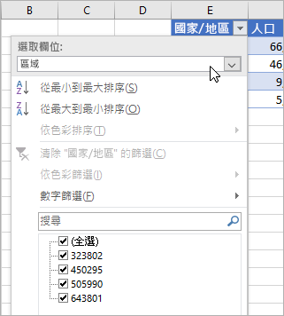 [篩選] 功能表、[顯示值] 功能表、所列連結資料類型的欄位