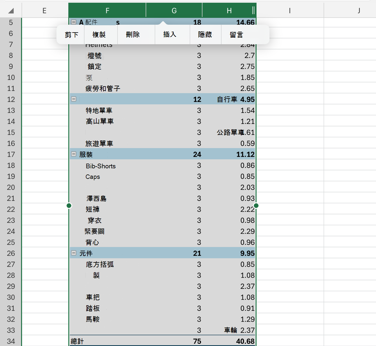 在 iPad 上刪除跨越樞紐分析表的欄