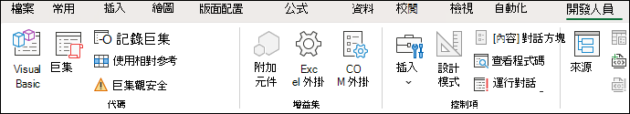 螢幕擷取畫面，顯示 [開發人員] 索引標籤上的 [程式碼] 群組。