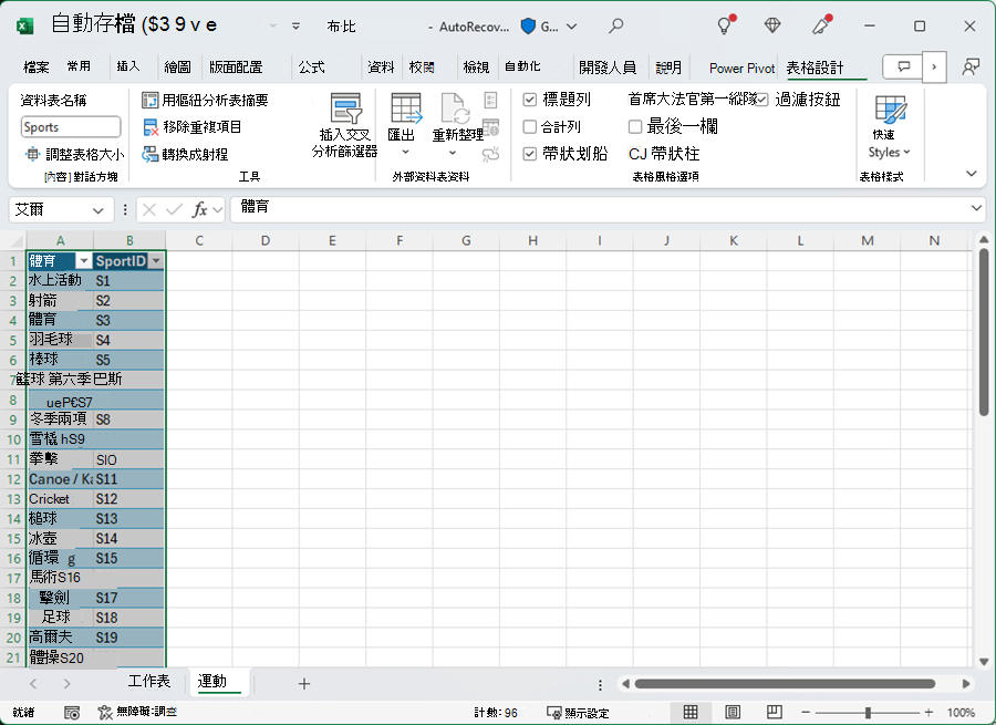 在 Excel 中為表格命名