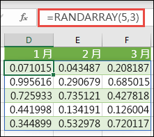 Excel 中的 RANDARRAY 函數。RANDARRAY (5,3) 會在 5 列高 x 3 欄寬的陣列中，傳回介於 0 和 1 之間的隨機值。