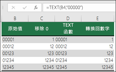 使用 TEXT 設定前置零格式的範例。=TEXT (A2,00000) 