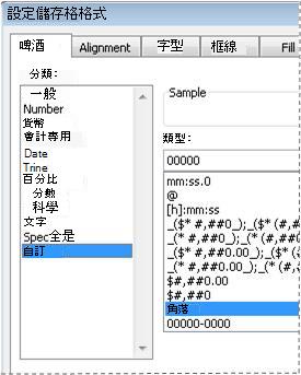 [儲存格格式] 對話方塊中的 [自訂] 類別
