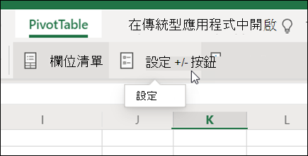 Excel 網頁版的 [樞紐分析表] 索引標籤上的 [設定] 按鈕