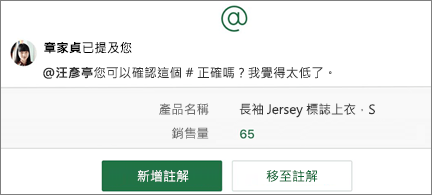 含有 [@提及]、[新增註解] 及 [移至註解] 按鈕的試算表