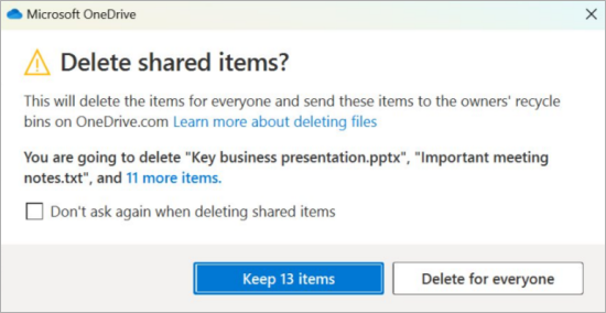 刪除共用檔案的 OneDrive 確認提示螢幕擷取畫面