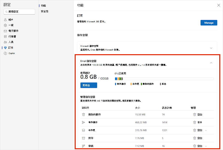 Outlook.com 訂閱設定顯示展開的電子郵件儲存空間使用量和每個資料夾所使用的儲存空間。