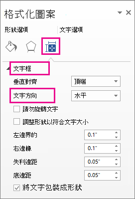 顯示 [格式圖形] 窗格中文字方向的螢幕擷取畫面