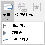 顯示移至 [插入 > 縮放] 時可以選取的不同縮放類型：摘要縮放、投影片縮放和區段縮放。