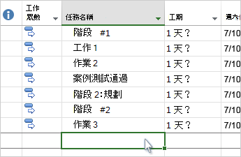 顯示甘特圖中工作清單的螢幕擷取畫面。