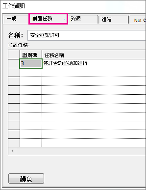前置任務] 索引標籤的 [工作資訊] 方塊。