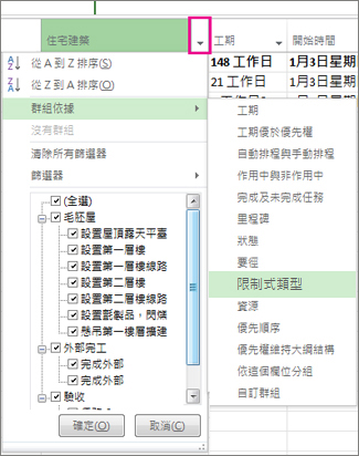 [任務名稱] 欄功能表，已選取群組依據資源