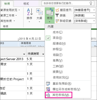 [檢視] 索引標籤上的 [表格] 命令