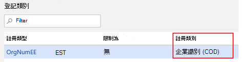 螢幕擷取畫面顯示 Create (if not exists) 具有特定註冊類別的新註冊類型 "企業識別碼 (COID) "