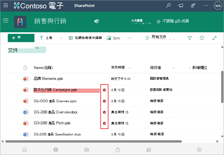 從文件庫借出檔案時，檔案名稱旁邊會出現圖示。
