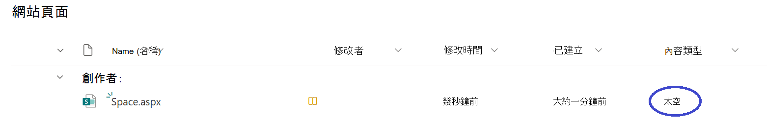 若要識別 SharePoint 空間，請瀏覽至網站的 [頁面] 文件庫，並尋找具有內容類型空間的檔案
