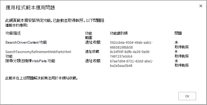 錯誤訊息螢幕擷取畫面，顯示 SharePoint Online 中無法使用的功能導致無法建立網站時您會看到的錯誤。